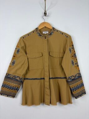 Johnny Was Military Jacket Womens Small Ochre Tan Cotton Twill Blue Embroidered